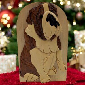 Carver Dans Wood Bulldog Puzzle Trinket Box Brown Hand Carved Hidden Stash Box‎